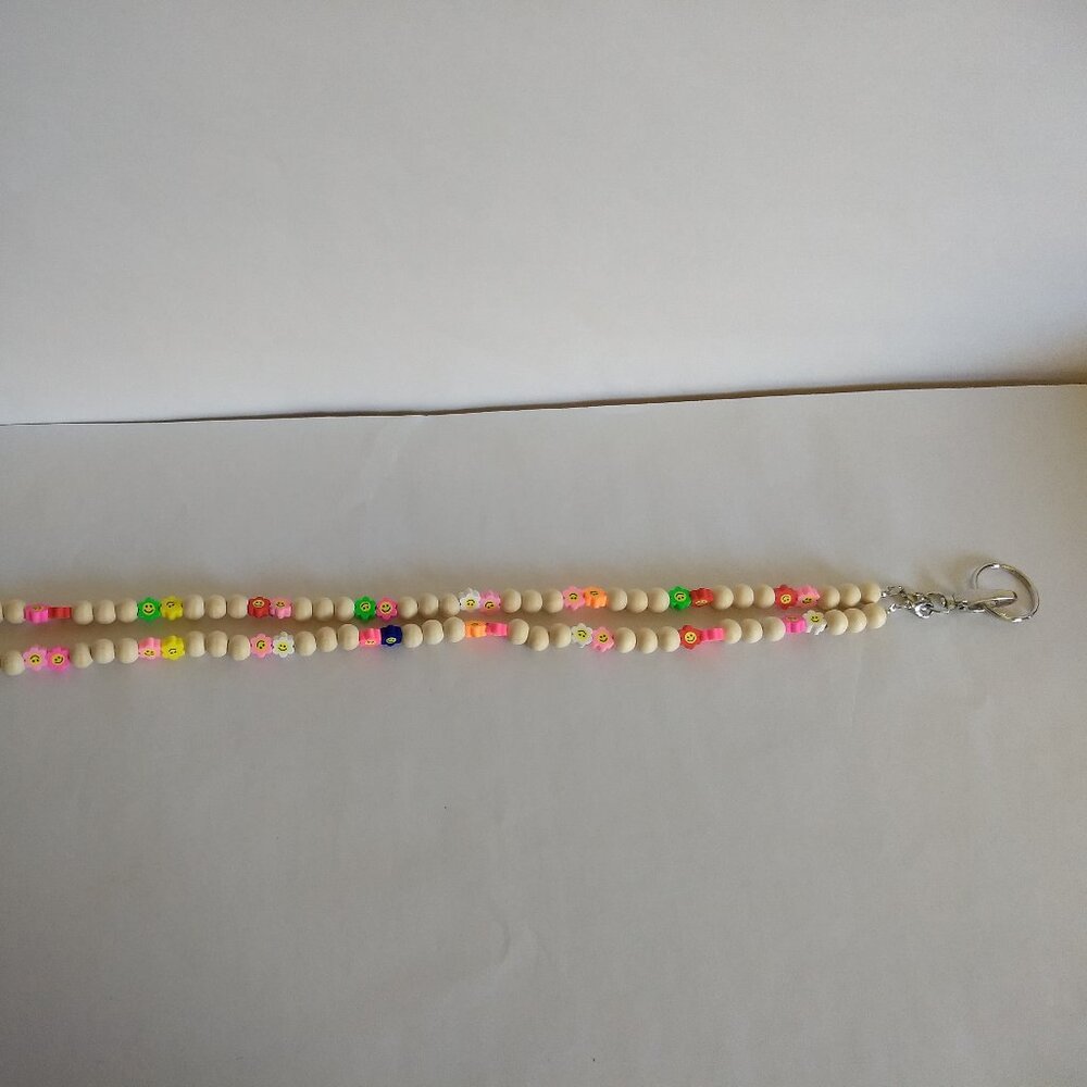 Wooden Bead Smiley Flower Lanyard Keychain Kidcore Fun Colorful Modern Utility